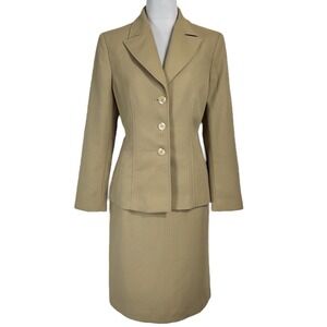 Le Suit Peak Lapel Blazer Skirt Suit Size 12 Petite Herringbone Khaki 2 Pc Set